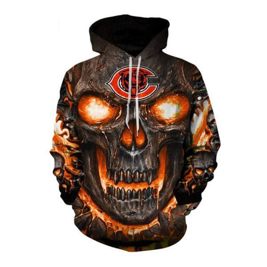 Men / Women New Design Chicago Bears Hello Darkness My Old Friend 3D Skull Hoodie, Chicago Bears All Over Print Skull Apparel