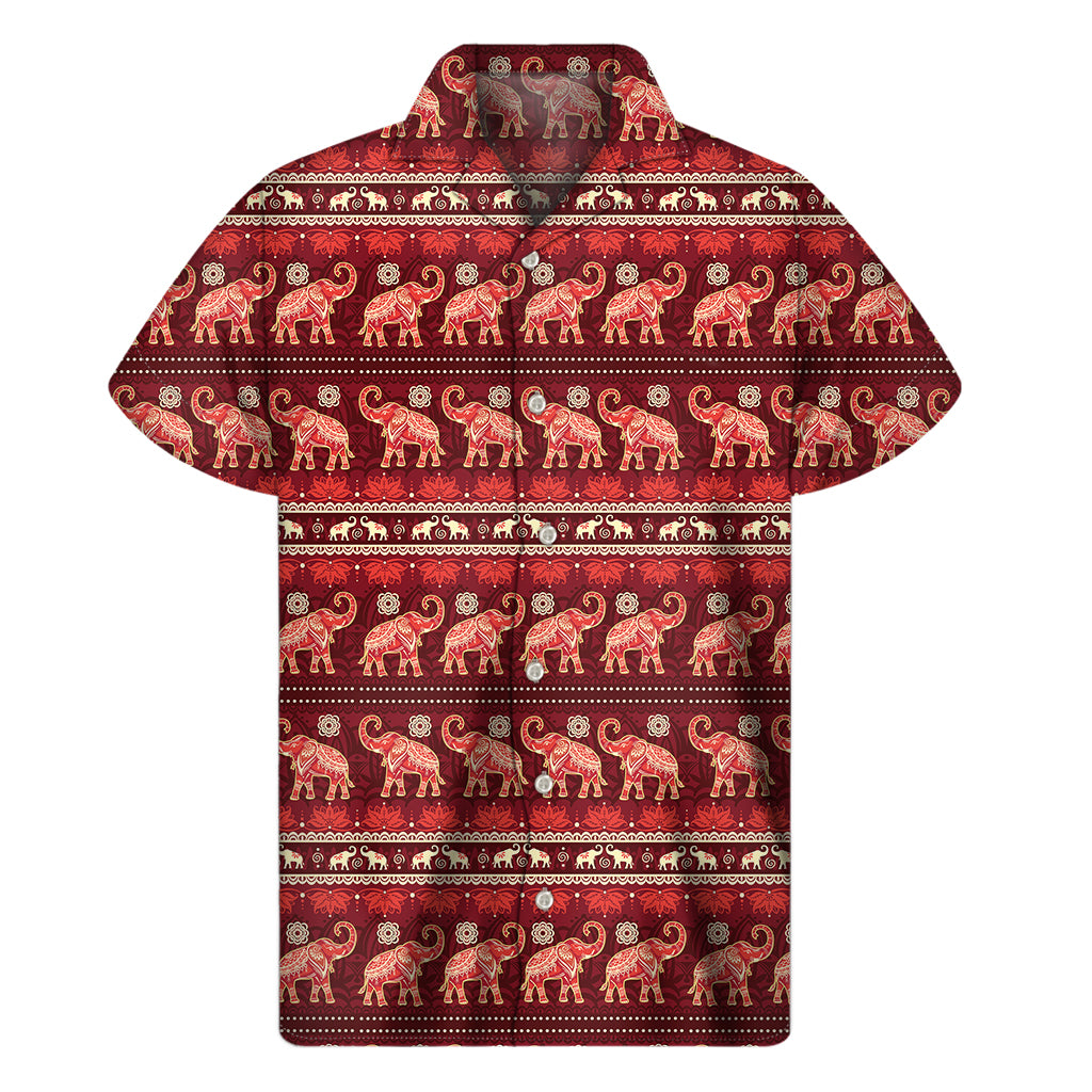 Red Indian Elephant Pattern Print Men’S Short Sleeve Shirt