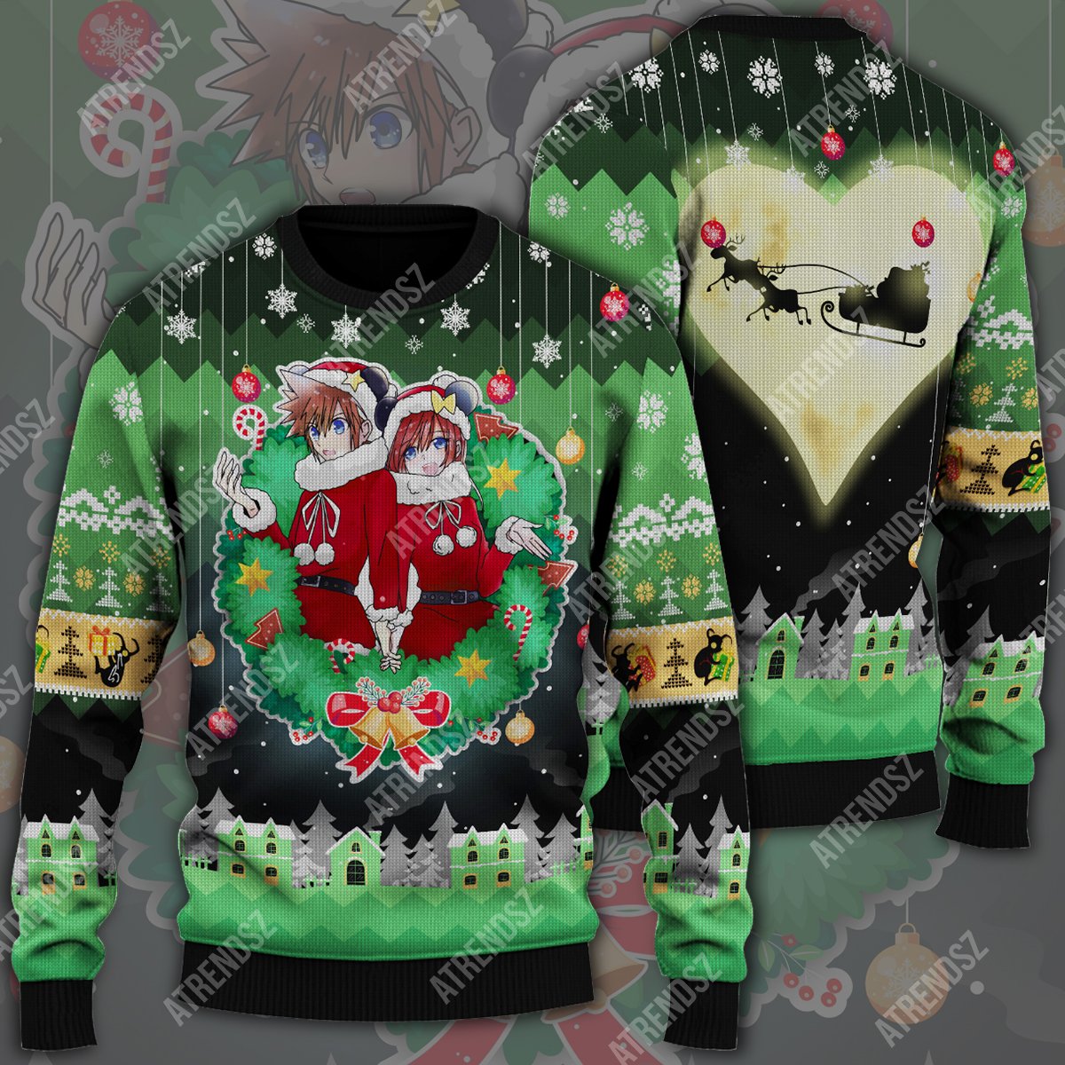 Unifinz Kingdom Hearts Ugly Sweater Sora Kairi Christmas Wreath Green Sweater 2022