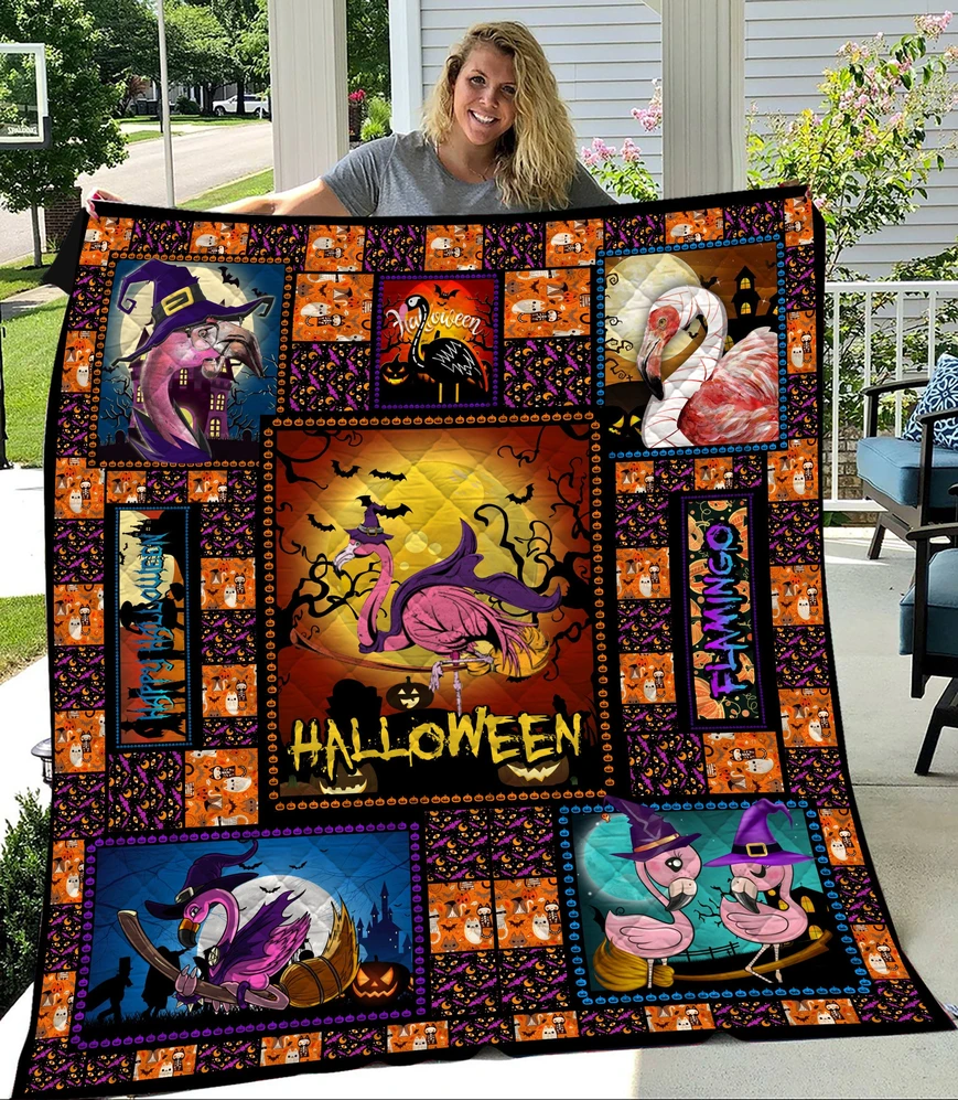 Flamingo With Fly Broom Halloween 3D Print Quilt Blanket