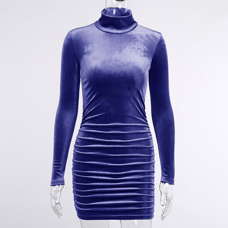 Y-L Solid Turtleneck Sexy Bodycon Velvet Mini Dress Women Autumn Elegant Long Sleeve Casual Party Sheath Dress alx