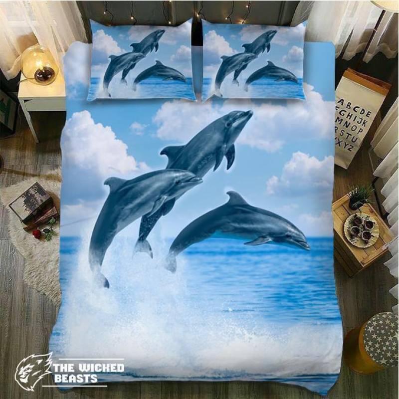 Four Dolphins Jumping 3D Customize Bedding Set Duvet Cover SetBedroom Set Bedlinen