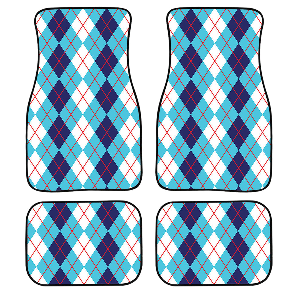 White And Blue Argyle Pattern Print Front And Back Car Floor Mats, Front Car Mat