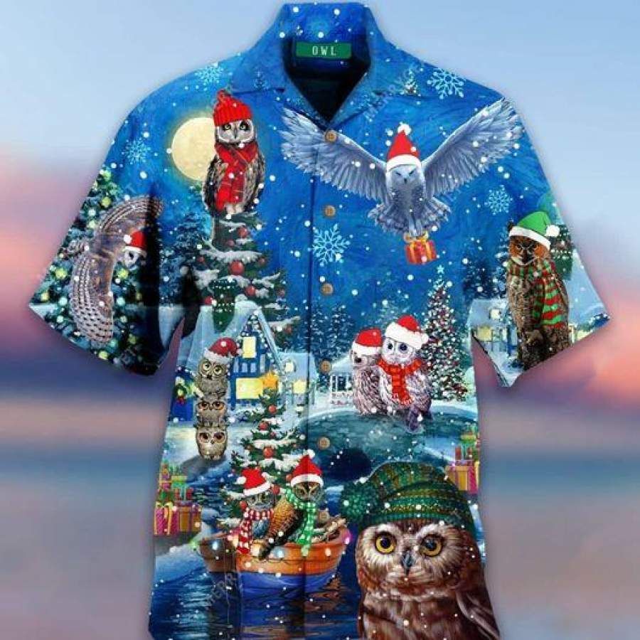 Amazing Owl On Christmas Days Blue Hawaii Aloha Shirts Ha104377