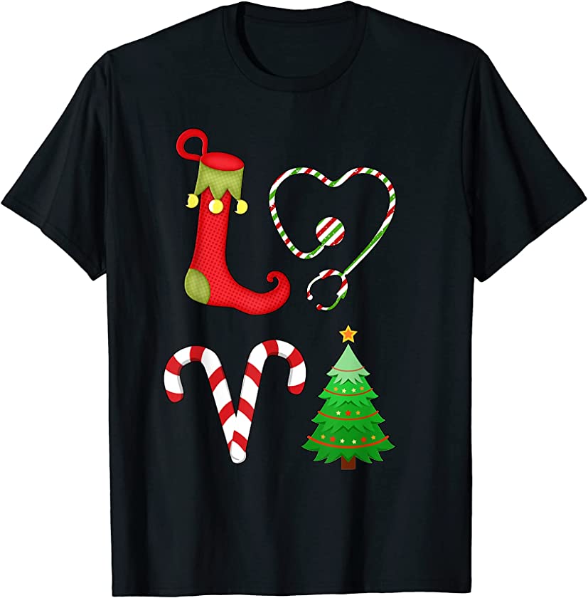 Love christmas Stethoscope Nurse Tree ELF Candy Xmas Pajama T-Shirt