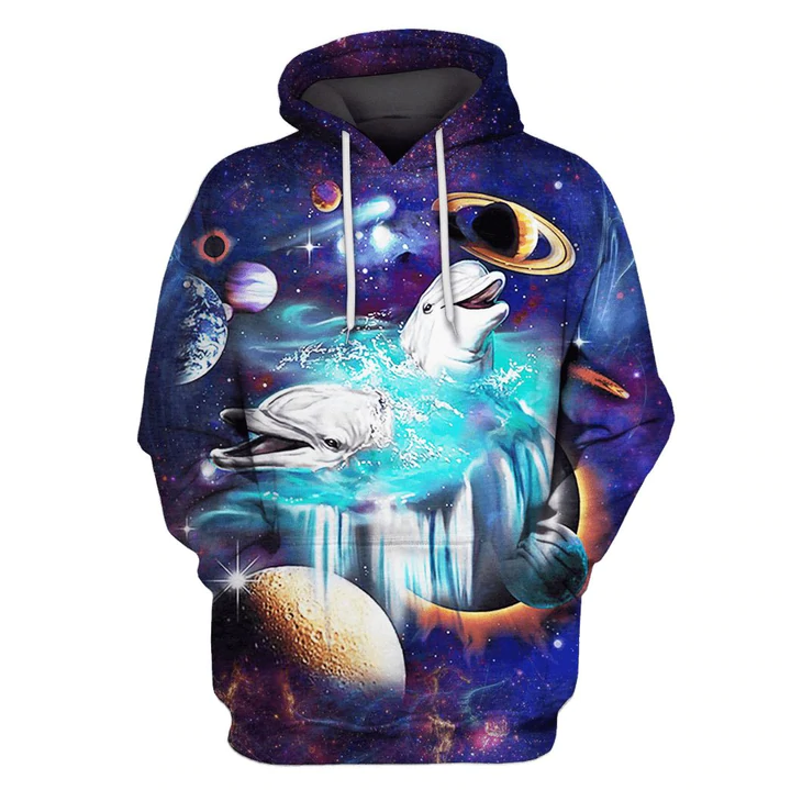 Dolphins In The Space With Planets Custom 3D Hoodies Apparel