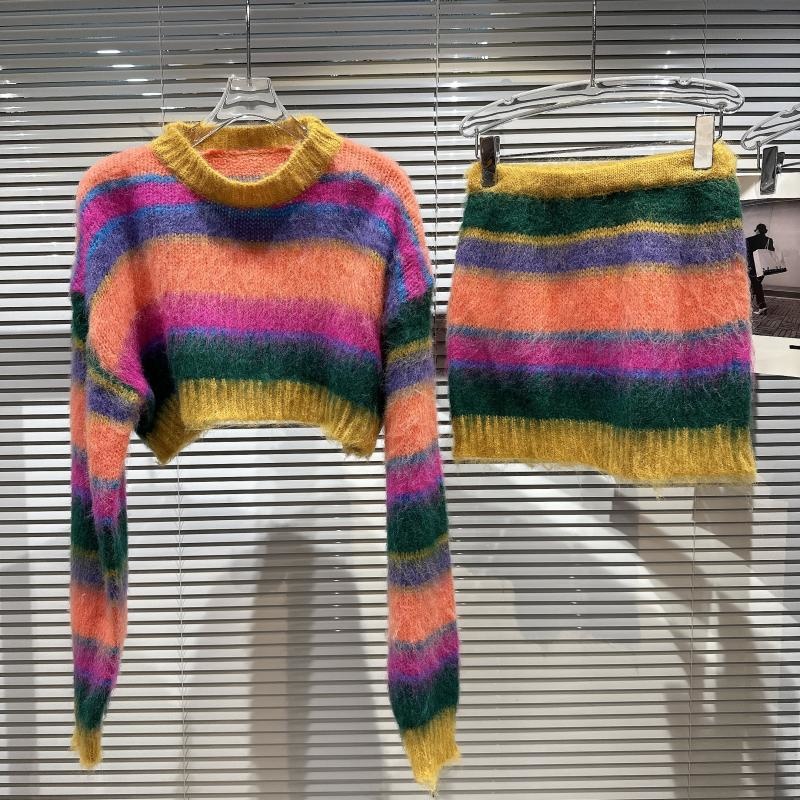 Winter Long Sleeve Rainbow Striped Mohair Sweater Elastic Waist Knitted Short Skirt Two Piece Set Women Outfits alx