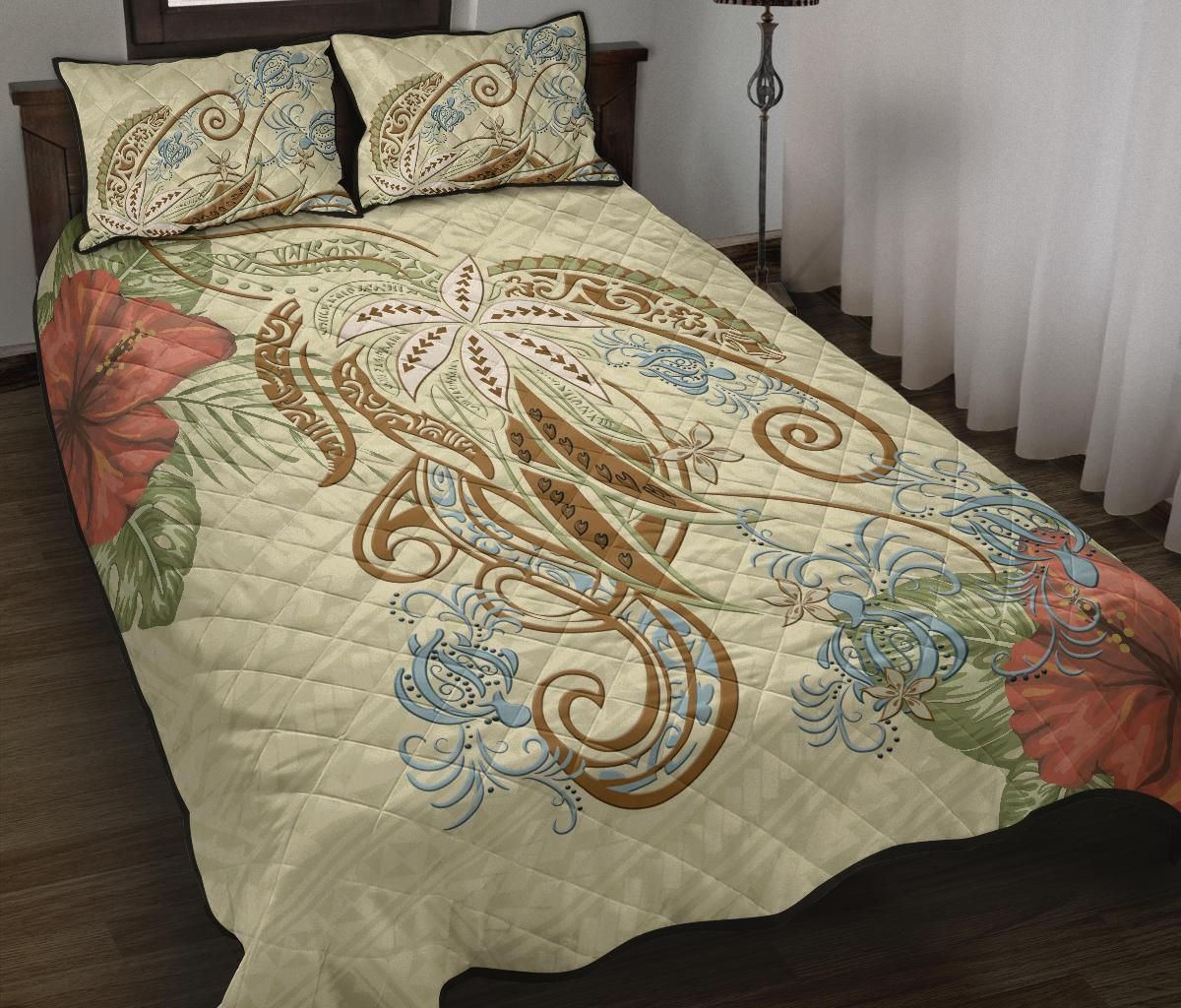 Polynesian Tribal Turtle Flowers Quilt Bed Set – Canary K5