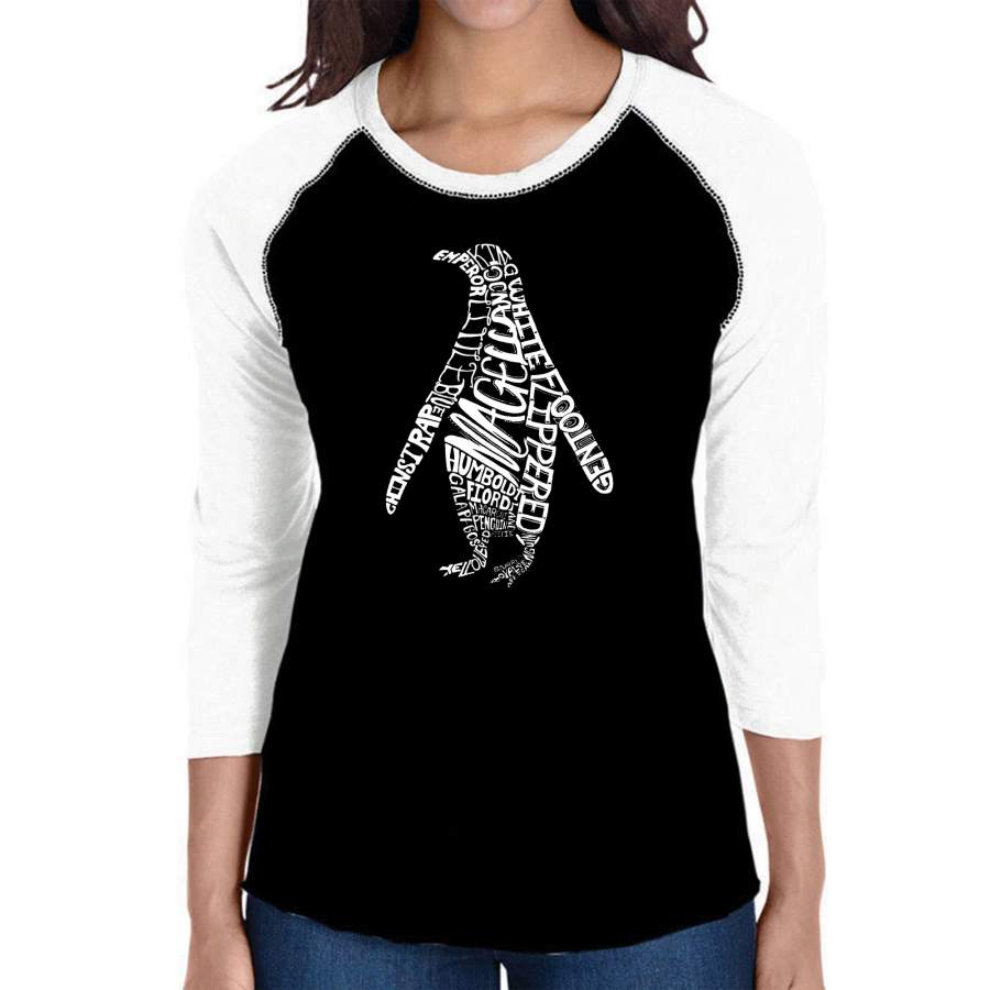 LA Pop Art Women’s Raglan Baseball Word Art T-shirt – Penguin