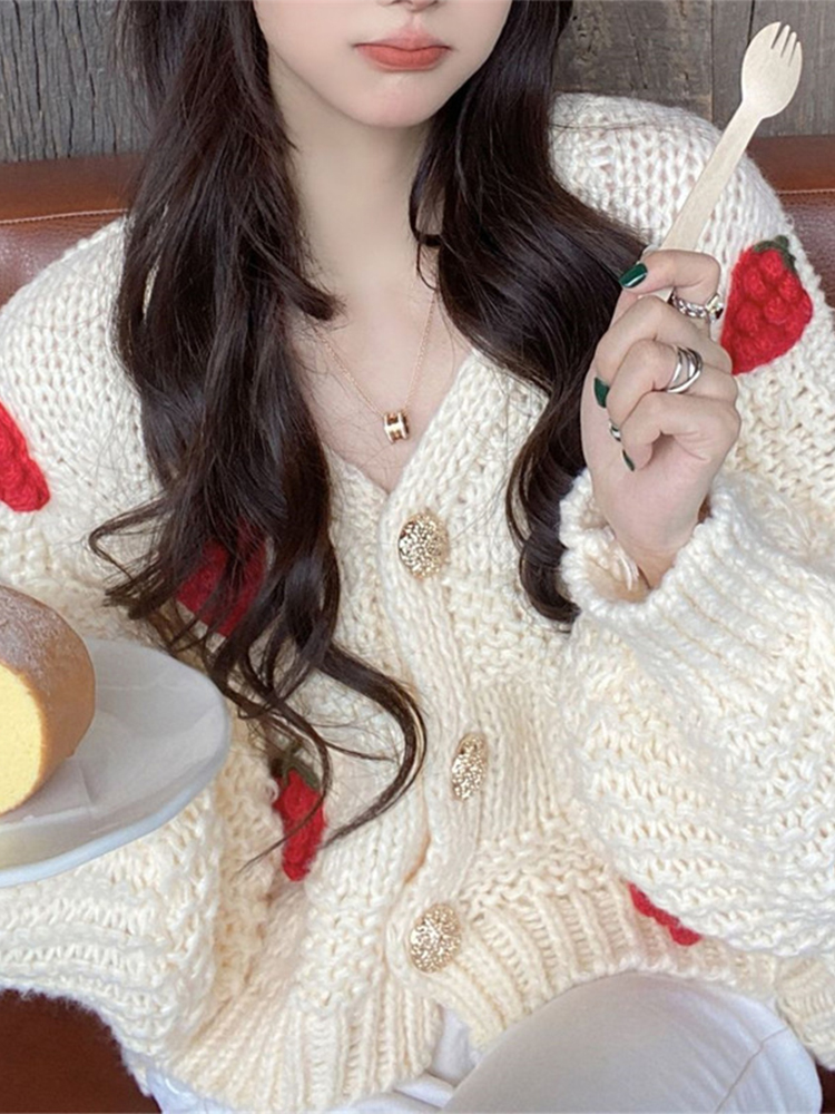 Strawberry Kintted Cardigan Sweater Women Autumn Korean Fashion Preppy Style Sweet Coat Long Sleeve Loose Single Breasted Jacket alx