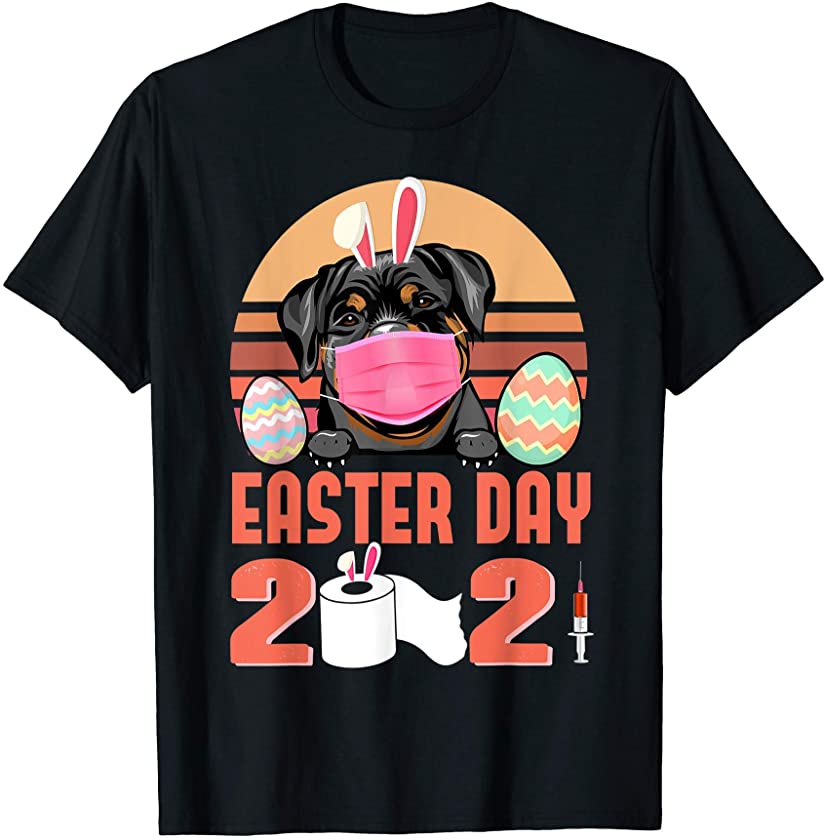 Rottweiler Dog Face Mask Rabbit Bunny Egg Easter Day 2021 T-Shirt