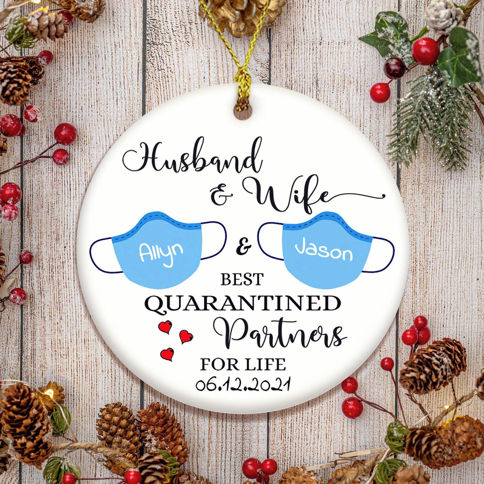 White Christmas Ornaments 2021 Custom Name, Date With Mask – Best Quarantined Partners For Life