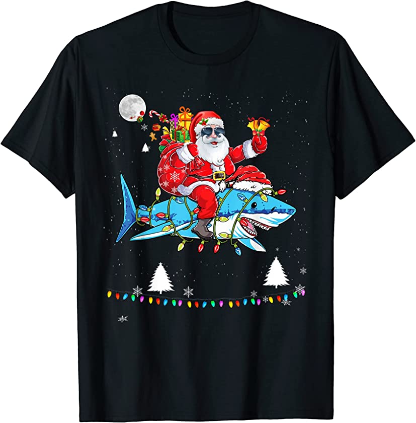 Christmas Santa Claus Riding Shark Lights Xmas Holiday T-Shirt