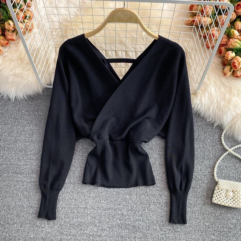 Women Design Knitted Pullovers Fashion Batwing Sleeve V Neck Elastic Slim Tops Autumn Korean Streetwear Knit Sweater alx