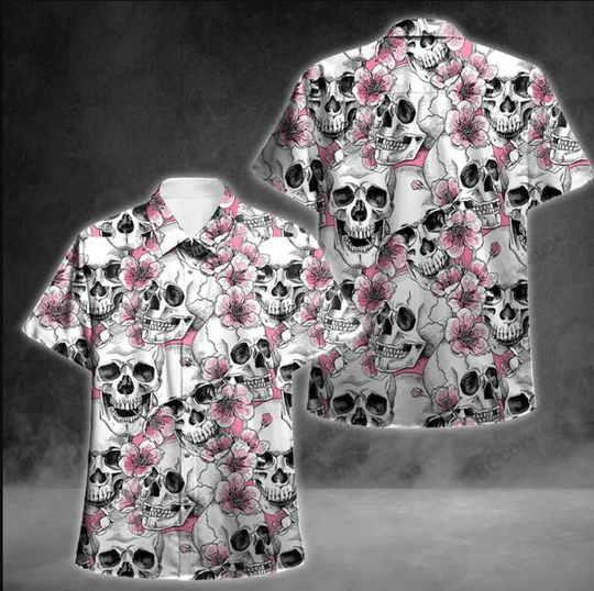 Skull Pink Flowers White Unique Design Unisex Hawaii Shirt For Men And Women Ha33691