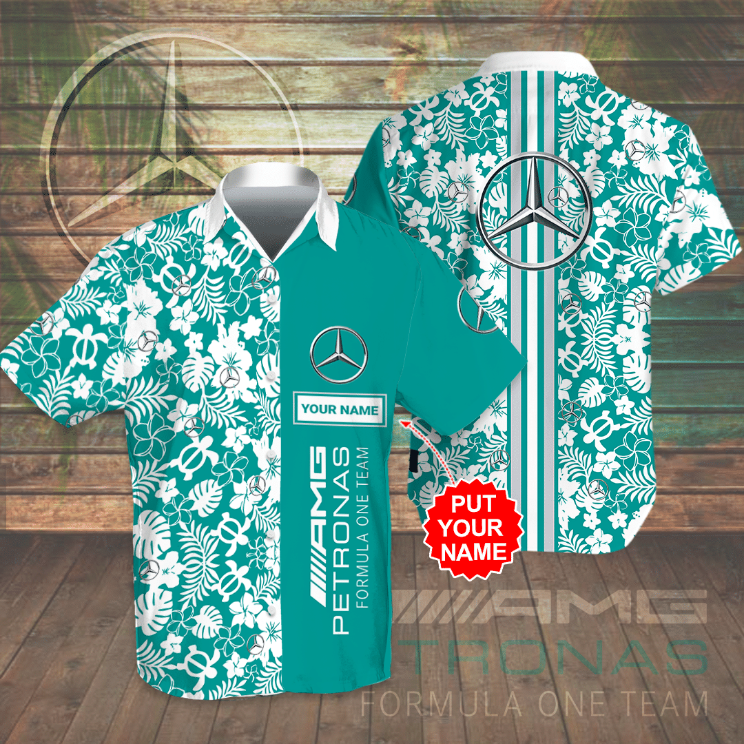 Personalized Mercedes Amg Petronas F1 All Over Print 3D Flowery Aloha Summer Beach Hawaiian Shirt & Beach Shorts – Turquoise