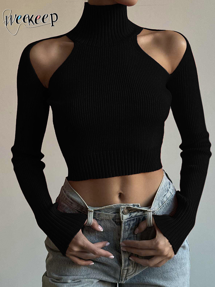 Weekeep Basic Black Turtleneck Sweater Pullovers Hollow Out Off Shoulder Skinny Casual Sweaters Streetwear Women Knitwear Jumper alx