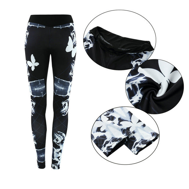 Women Sport Leggings Cycling Pants Cool Skull Printing Printed Sportswear Workout Gym Pant Gradient Color Elastic Yoga Tights