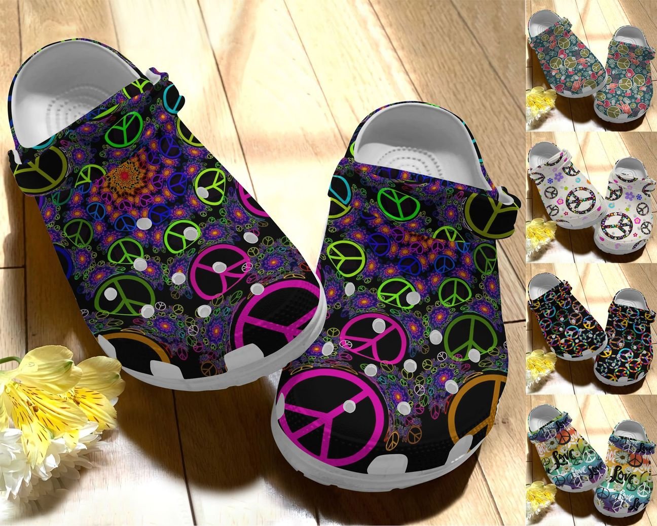 Hippie Personalize Clog, Custom Name, Text, Fashion Style For Women, Men, Kid, Print 3D Love & Peace Pattern