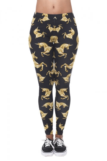 Women Skinny Fitness Halloween Unicorn Printed Leggings Gold