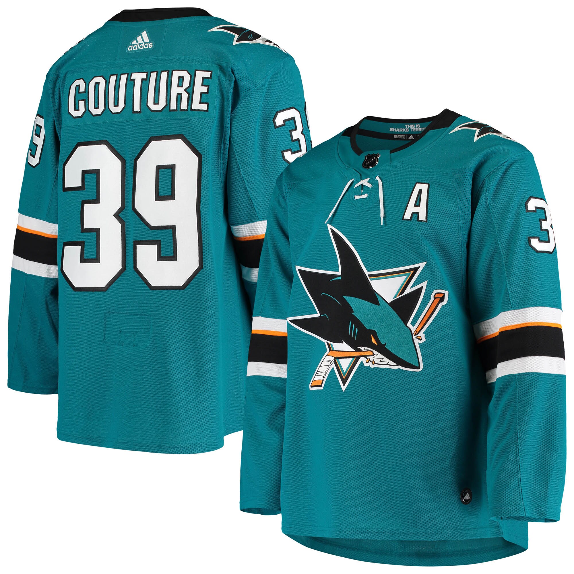 Men's San Jose Sharks Logan Couture adidas Teal Home Authentic Alternate Captain Player Jersey