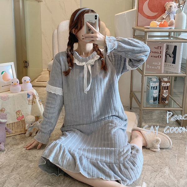 Sweet Nightgowns Women Baggy Coral Fleece Soft Bow Lace Patchwork Lovely Girls Sleepshirts Trendy Winter Lounge Teenagers Newest alx