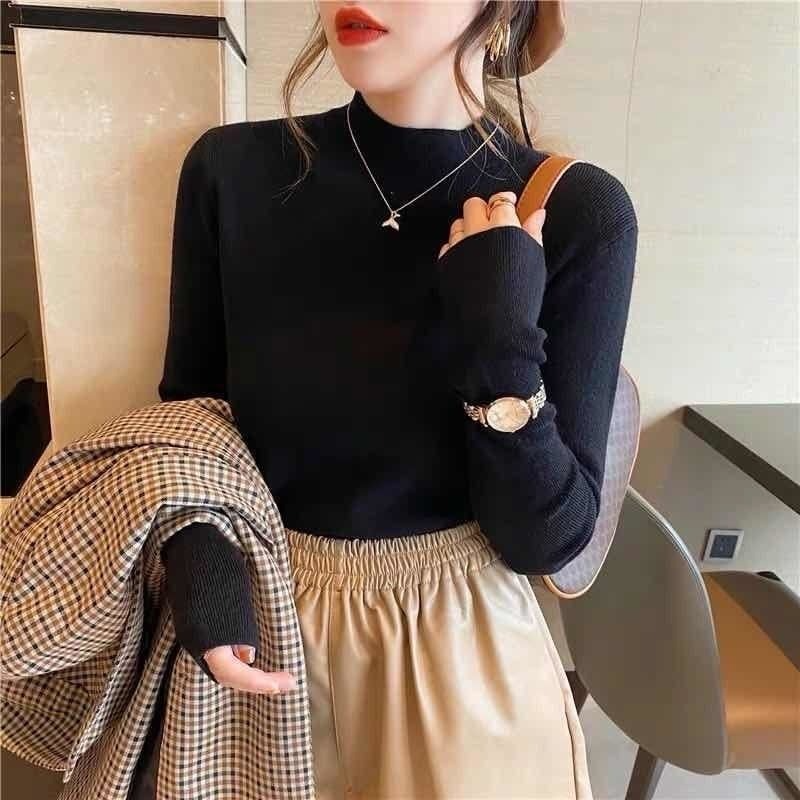 Women Mock neck Sweaters Autumn Winter Korean Slim Pullover Women Basic Tops Casual Soft Knit Sweater Soft Warm Jumper alx