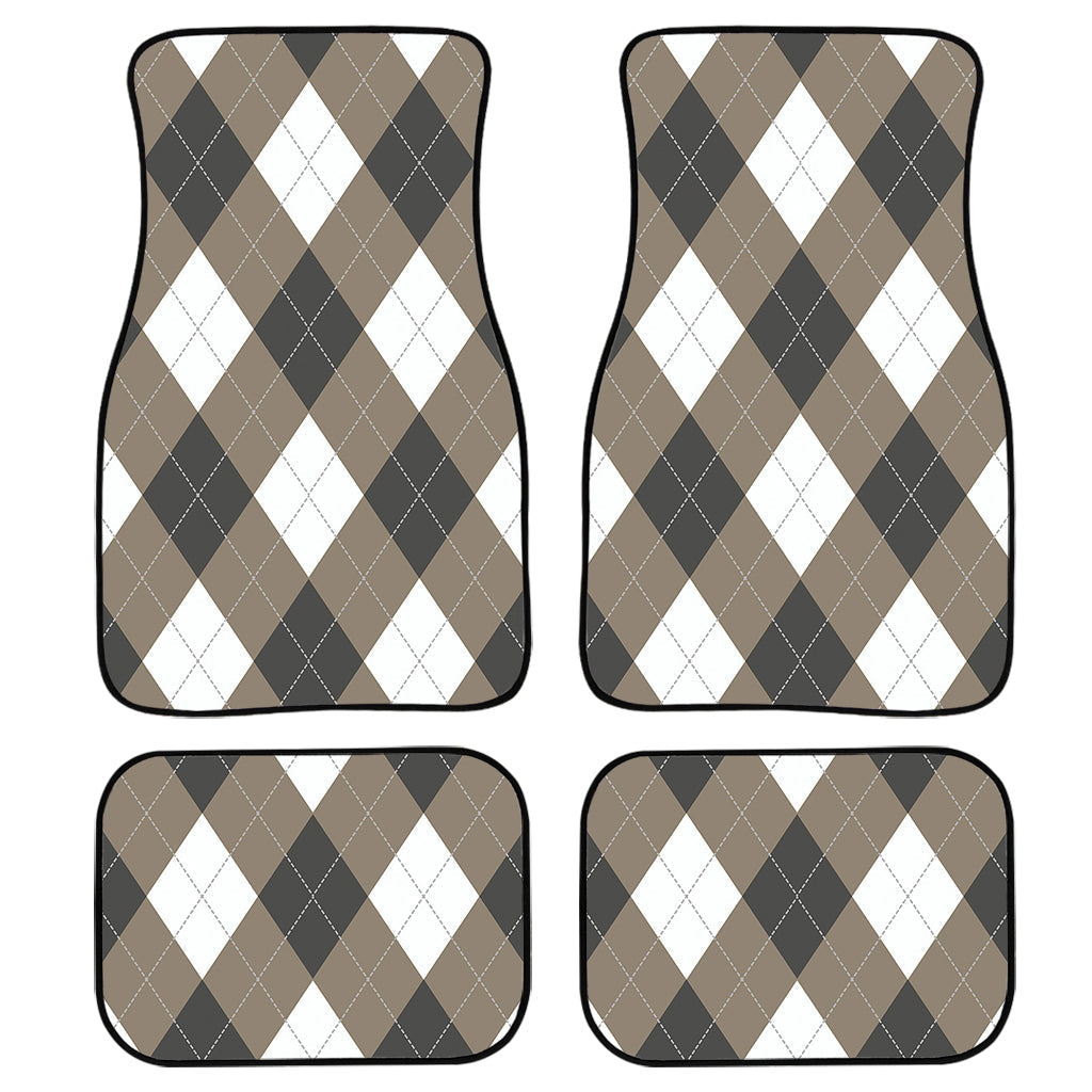 Brown And White Argyle Pattern Print Front And Back Car Floor Mats, Front Car Mat