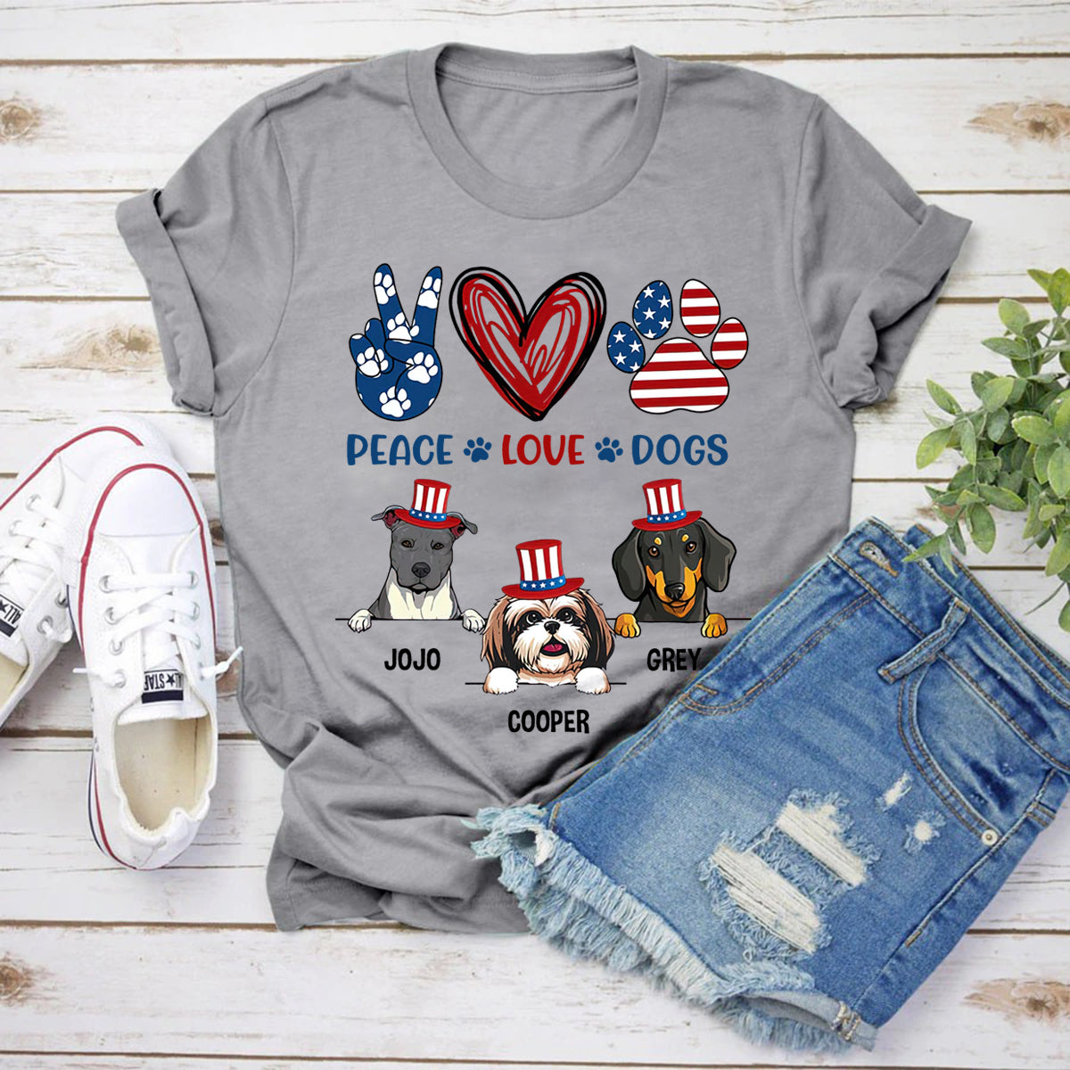 Personalized T-Shirt For Dog Lovers Cute Puppy & Paw Print Usa Flag Design Custom Name 4Th Of July Shirt