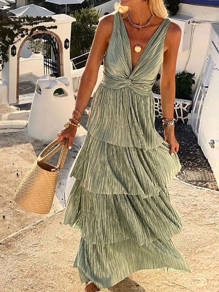 Casual Holiday Boho Party Bronzing Women Dress Elegant Ladies A-Line Maxi Dress Summer New Sexy V-Neck Loose Beach Dress Vestido alx