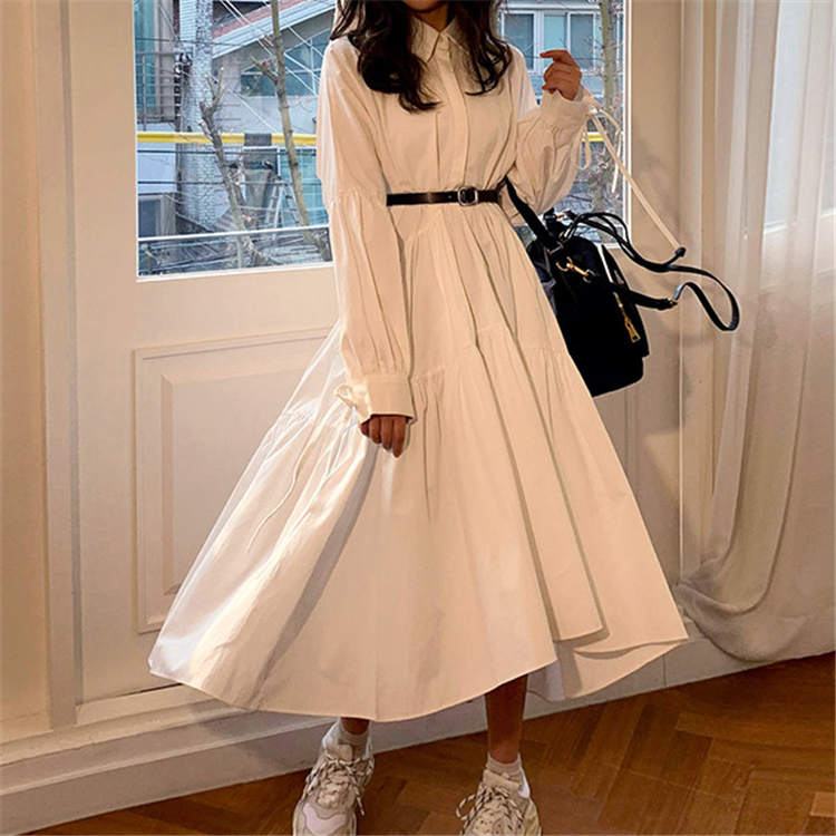 Women Dress Long Sleeve Spring Autumn Vintage Designer Collar Lapel Button Up Ruched Ruffles Cotton White Dresses Female Clothes alx