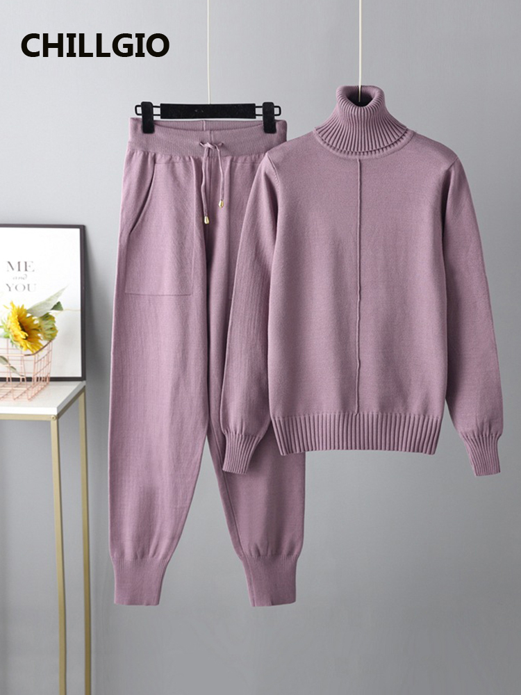 CHILLIGO Women Knitted Suits Winter Fashion Casual Solid Turtleneck Sweater+Knit Trousers Autumn Warm Knitting Two Pieces Sets alx