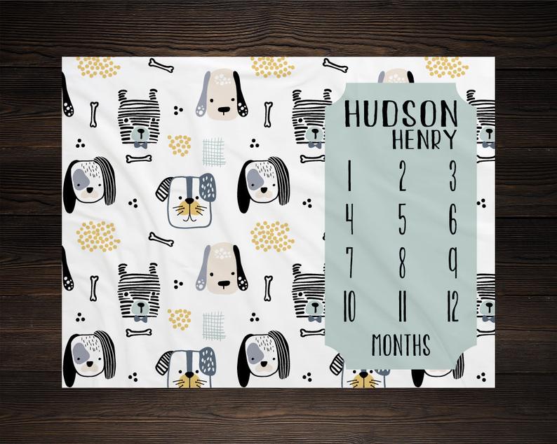 Puppy Milestone Blanket, Monthly Growth Tracker Soft Fleece Dogs Blanket, Baby Shower Gift, Newborn Gift Blanket, Watch Me Grow Baby Boy