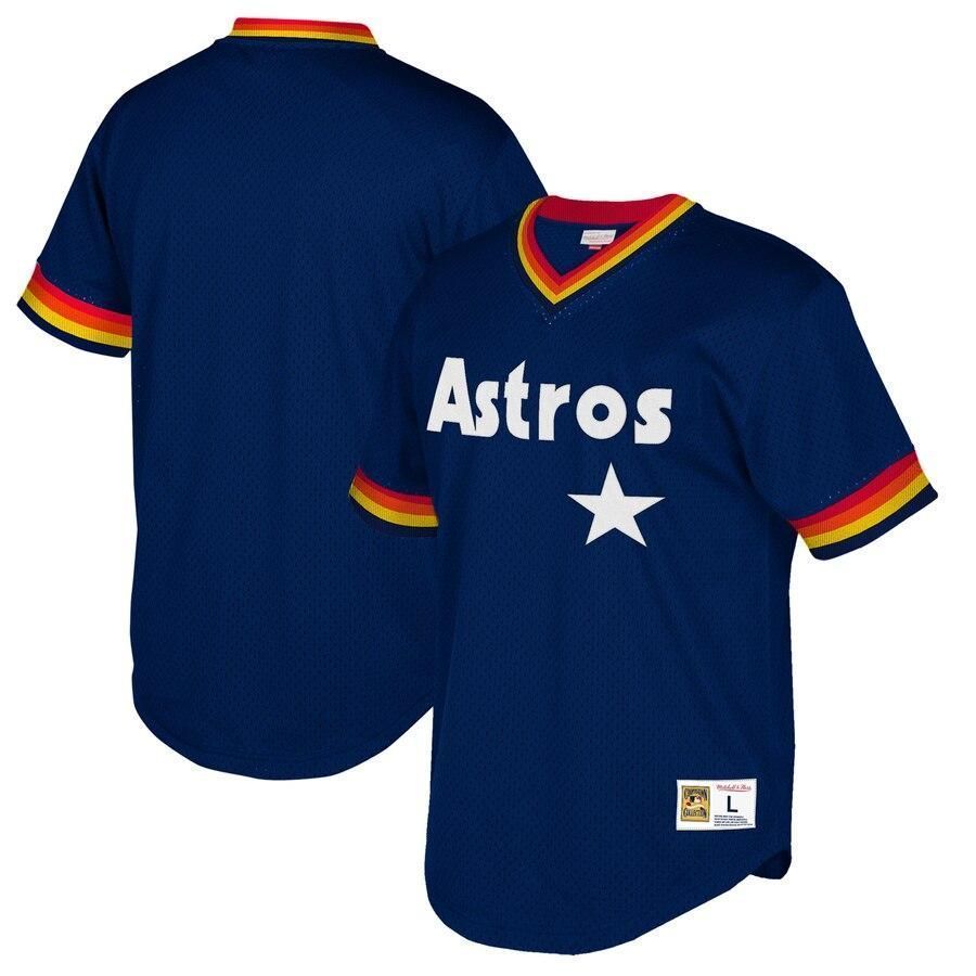 Houston Astros Mitchell And Ness Big And Tall Cooperstown Collection Mesh Wordmark V Neck Navy 3D Jersey