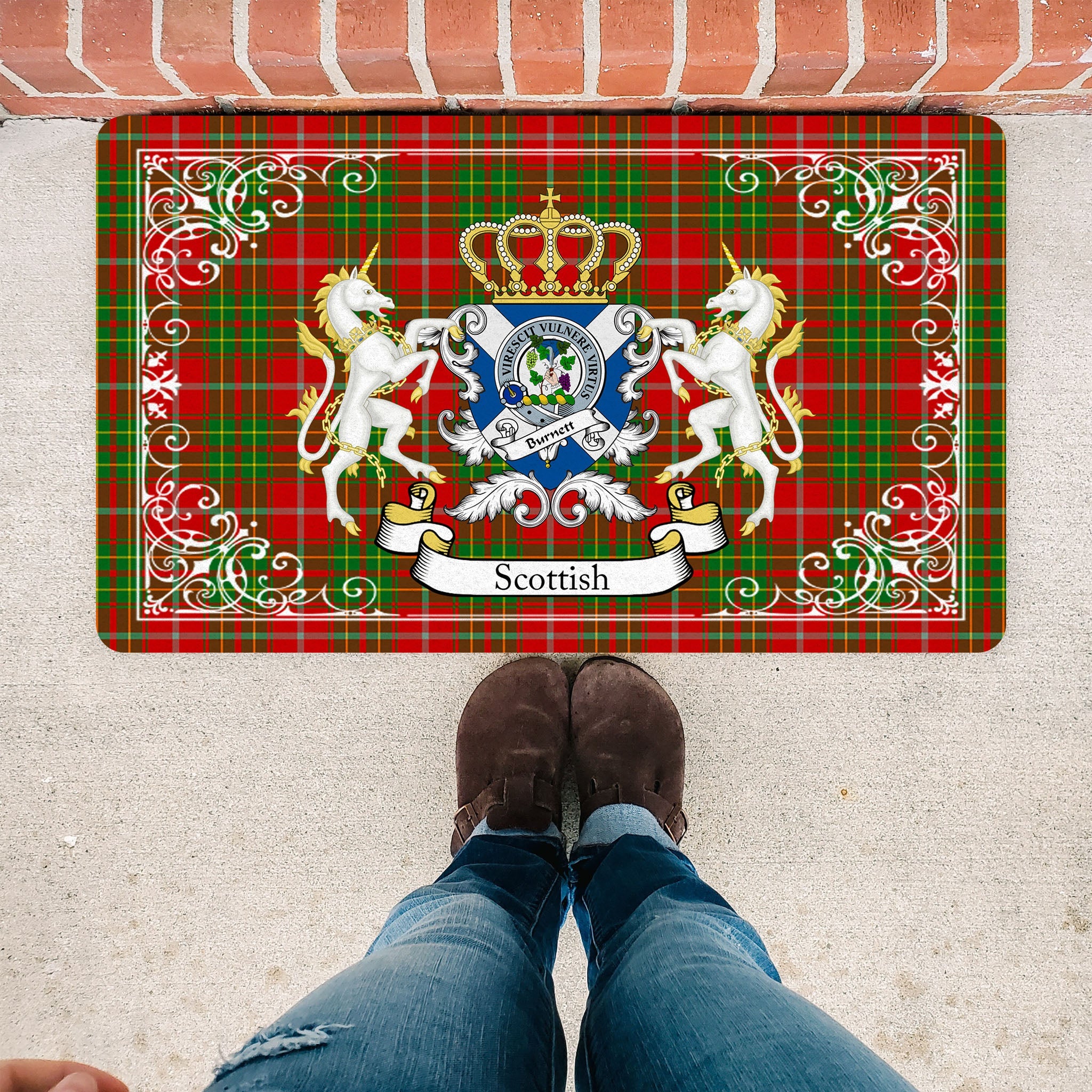 Scotstee Shop Tartan Door Mat Burnett Clan Badge Tartan Scottish Plaid Doormat, Christmas Door Mat