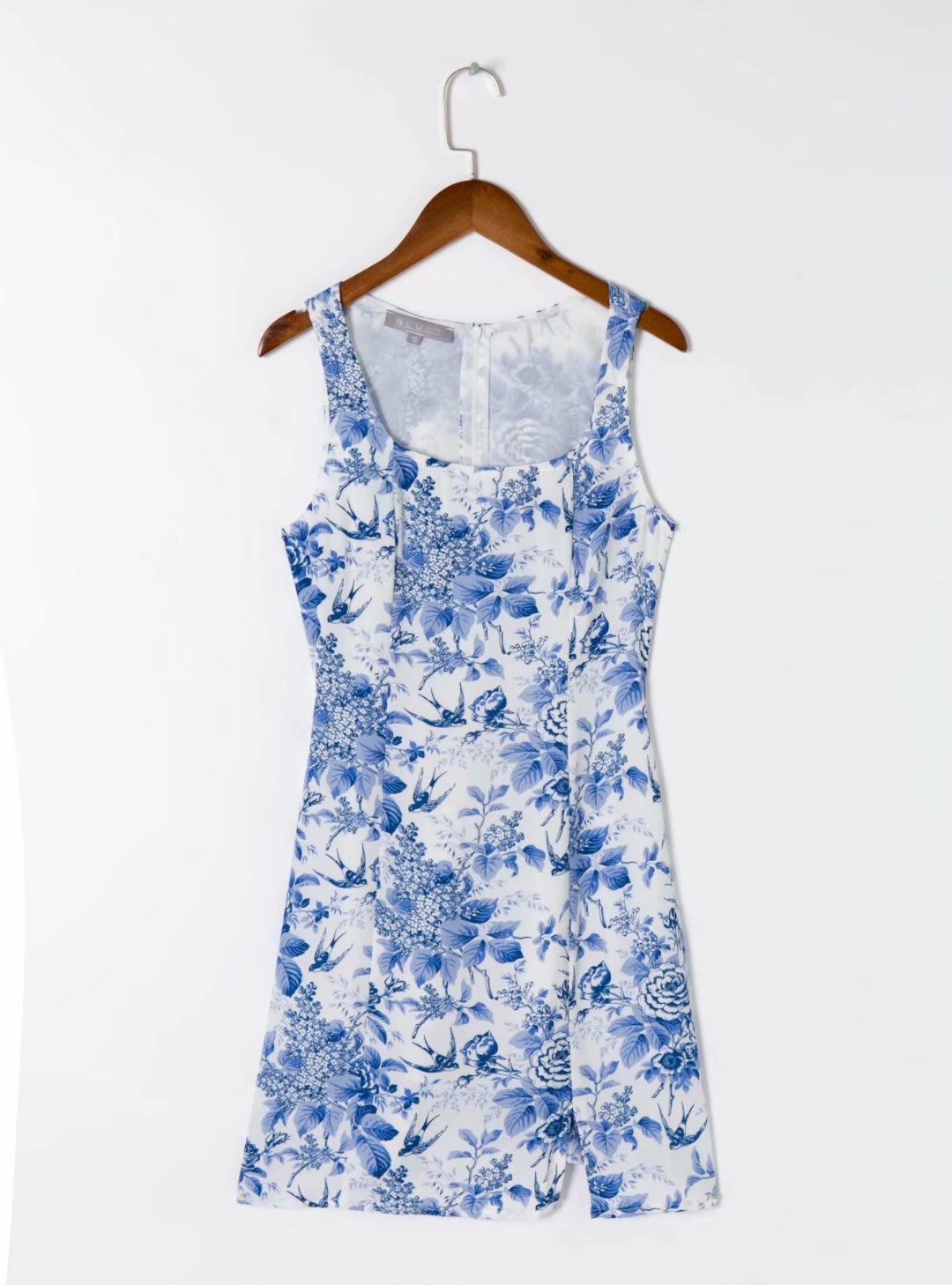 Bazaleas Sexy Blue Floral Print Side Split Vestidos Retro Tank Summer Dresses Slim Vintage Mini Women Dress alx