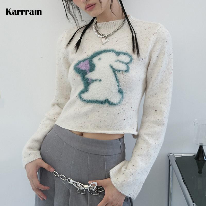 Karrram Y2k Aesthetics Knit Jumpers Grunge Fairycore Cropped Pullover Kawaii Rabbit Embroidery Mohair Sweater Harajuku Japanese alx