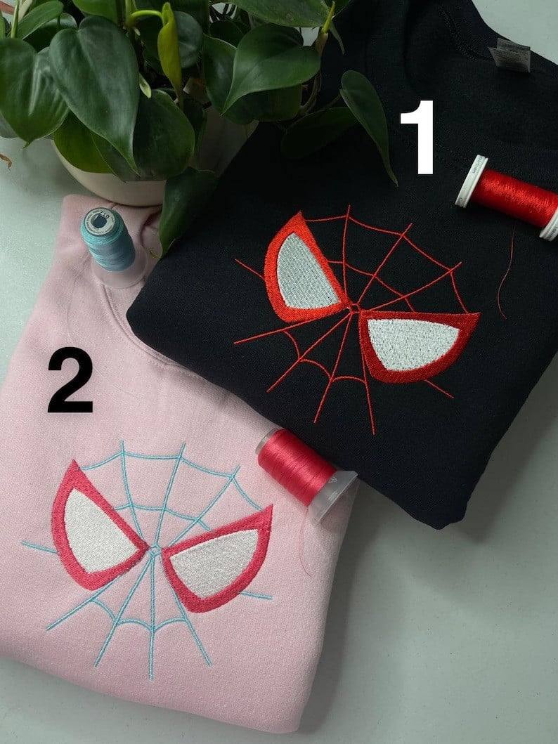 Cute Spider Embroidered Matching Crewnecks, Hoodie/Tee Couple Set Embroidered T-Shirt Sweatshirt Hoodie