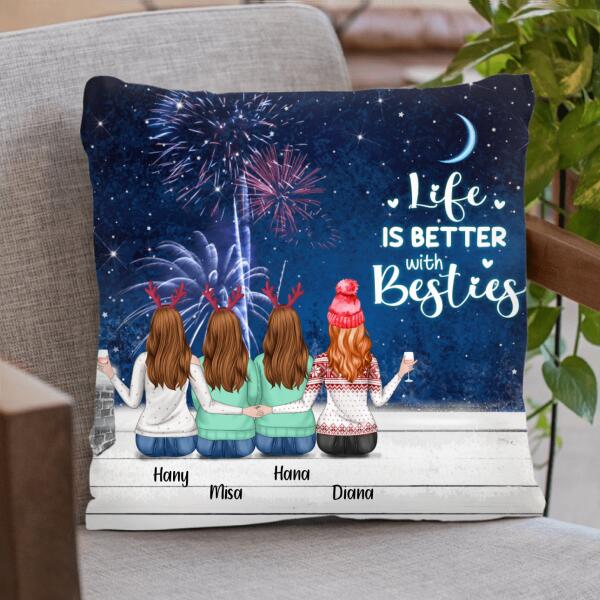 Custom Personalized Christmas Besties With Wine By Window Pillow Cover – Upto 4 Girls – Christmas Gift For Best Friends – Life Is Better With Besties