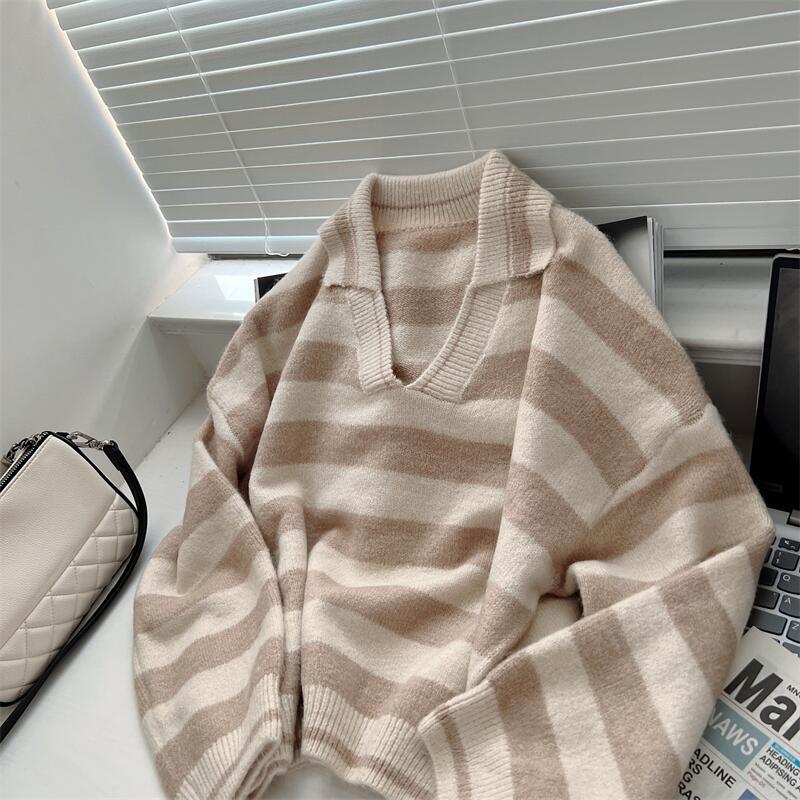 2022 Autumn And Winter Woman’s Literary And Artistic Retro Style! Polo Collar Stripe Soft Glutinous Sweater alx