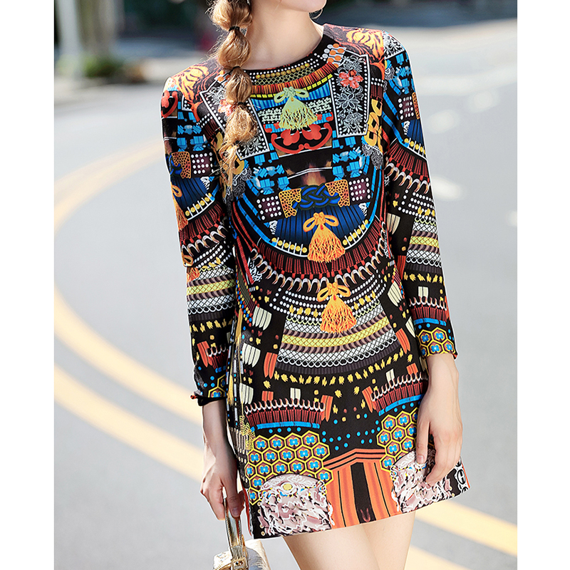 2022 spring new women’s bag hip dress round neck long-sleeved retro print thin color short dress alx