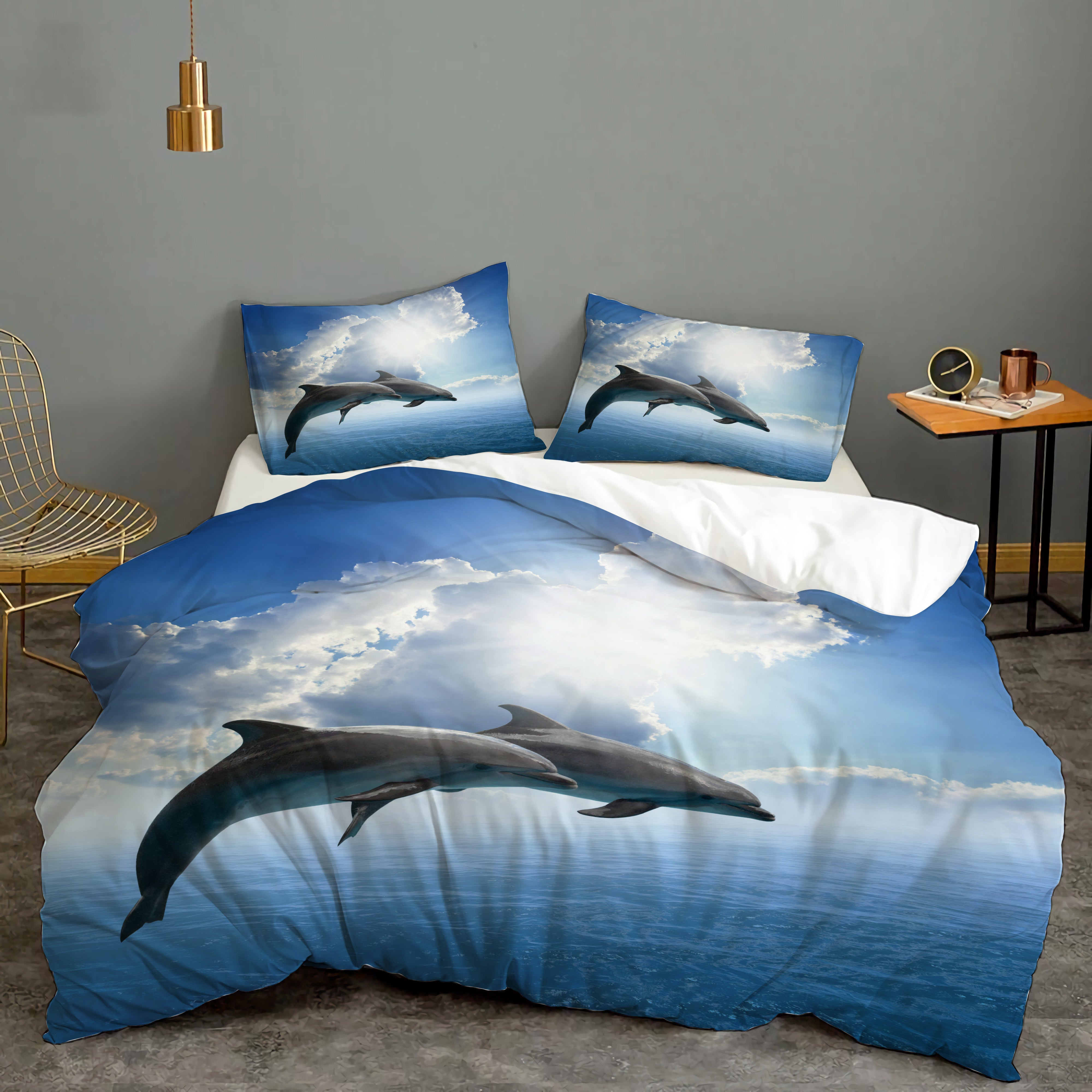 3D Blue Sky Sea Animal Dolphin Quilt Cover Set Bedding Set Duvet Cover Pillowcases 30