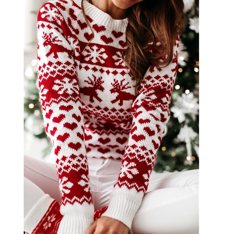 2022 New Women’s Christmas Jumpers Elk Printed Knitwear Sweater Casual Loose Full Sleeve Sweater Xmas Party Look Pullover Tops alx