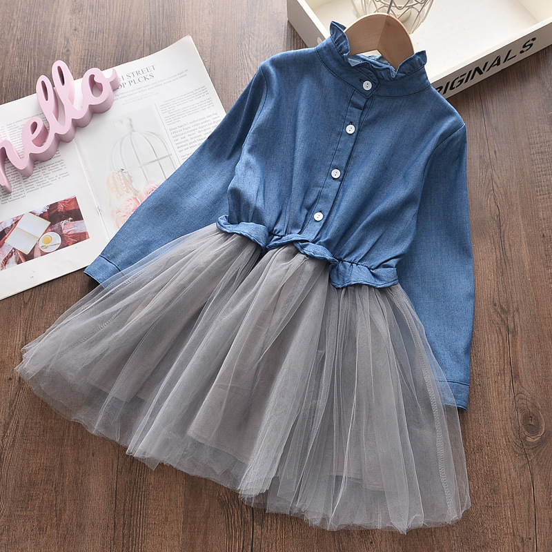 Spring and Autumn New Baby Dress Girls Dress Denim Splicing Mesh Princess Party Dress Long Sleeve Dress alx