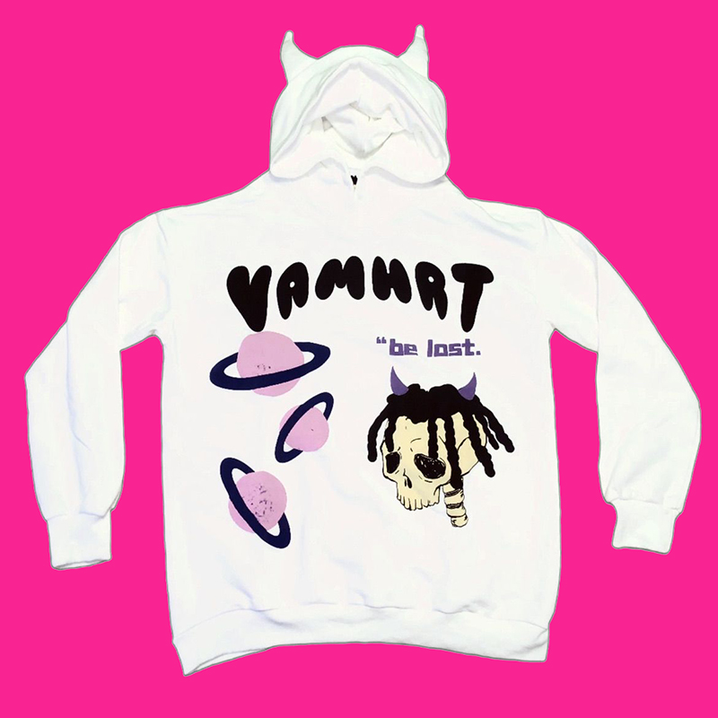 Y2k Clothes Zip Up Hoodie Anime Devil’s Horn Decoration Loose Foam Print Casual Sweater Jacket Streetwear White Sweatshirts alx