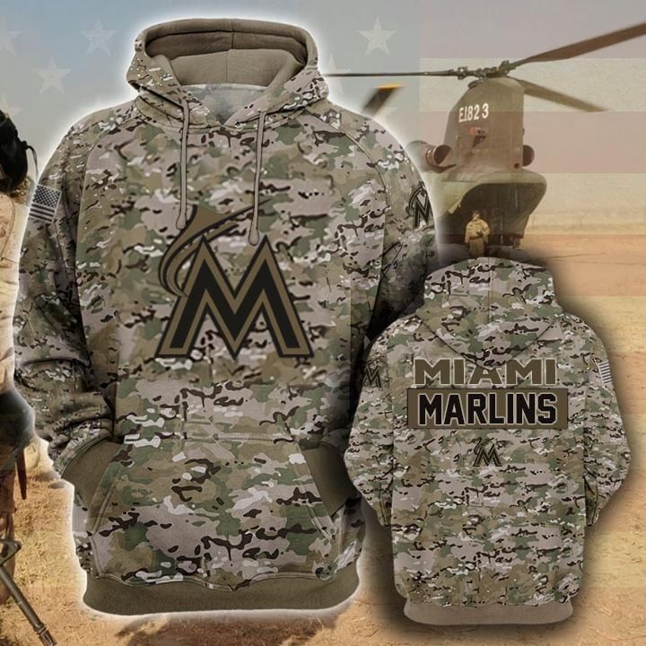 Miami Marlins Camouflage Veteran 3D Cotton T-Shirt Hoodie