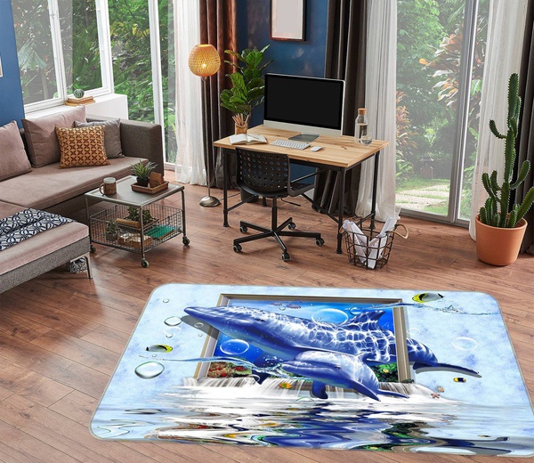 3D Dolphin Swimming Through The Window Area Rug Home Decor