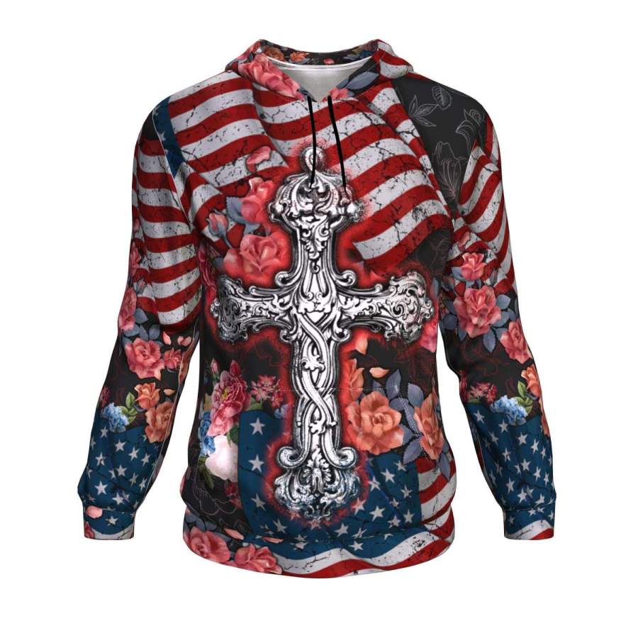 American Flag With Cross All Over Print Hoodie