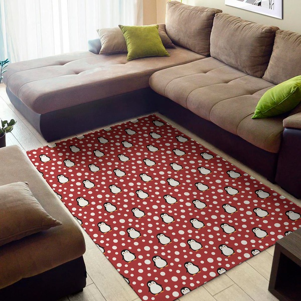 Red Snow Penguin Pattern Print Area Rug