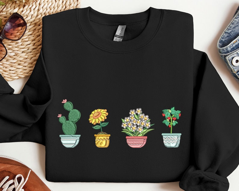 Pot Plants Embroidered Sweatshirt 2D Crewneck Sweatshirt All Over Print Sweatshirt For Women Sweatshirt For Men Sws3087